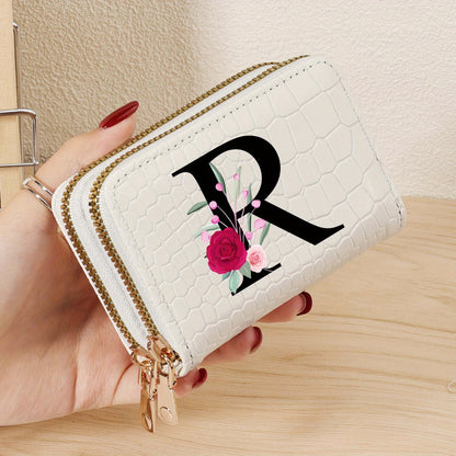 Minimalist Women'S Short Wallet Featuring a Double Zipper Design, with a Crocodile A-Z Letter Pattern. This Stylish Handbag Also Serves As a Fashionable Coin Wallet, Perfect for Travel, Back-To-School, Or Parties.