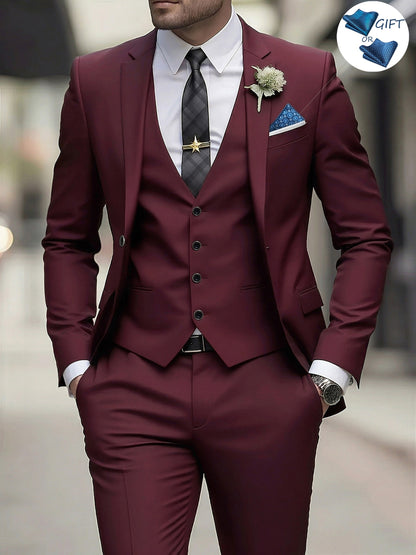 Men's 3-Piece Polyester Suit Set with Jacket, Vest & Trousers
