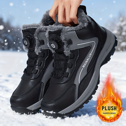 MAINALUN Men's Heavy-Duty Winter Snow Boots with Rotating Buckle Closure, PU Upper & PVC Sole - Thick Plush Lining, Warm Short Ankle Boots for Ice, Snow, Slush, Work, Outdoor (Adjustable Strap, Fit)