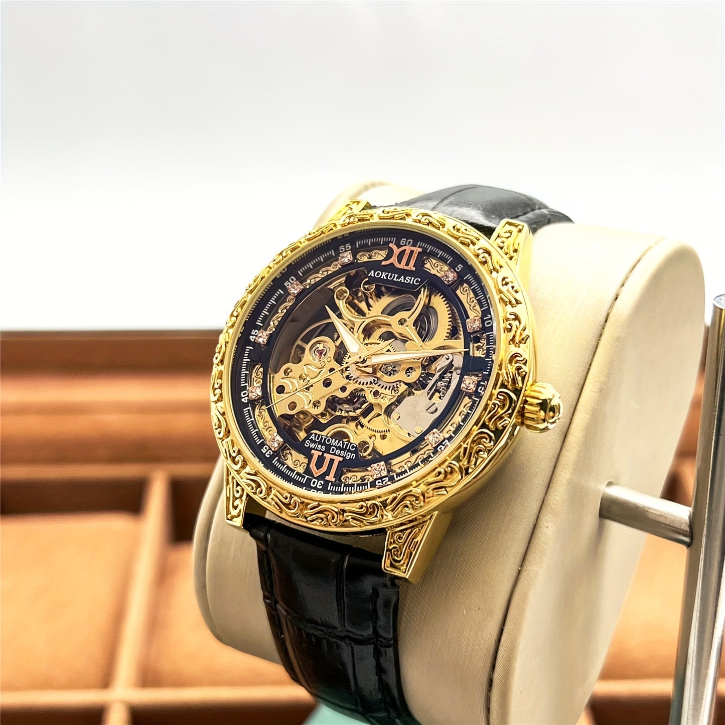 Vintage Hollow Carved Automatic Mechanical Men'S Watch, Fashionable Luxury Men'S Watch, High-end Thickened Mechanical Style Hip-Hop Party Wristwatch, Without Battery