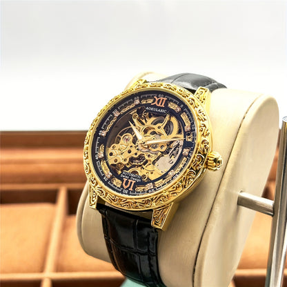 Vintage Hollow Carved Automatic Mechanical Men'S Watch, Fashionable Luxury Men'S Watch, High-end Thickened Mechanical Style Hip-Hop Party Wristwatch, Without Battery