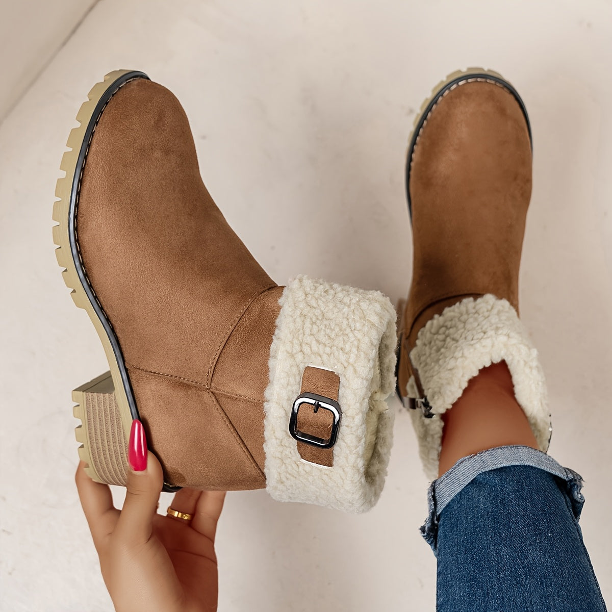 Chunky And Clssic Women'S Ankle Boots, Comfortable And Elegent Woemen Shoes. Warmth Khaki、Black And Beige Winter Women' Boots. Solid-Colored. Fleece-Lined Boots, Heighten And Non-Slip Lighhtweight Shoes with Cute Round Toe.