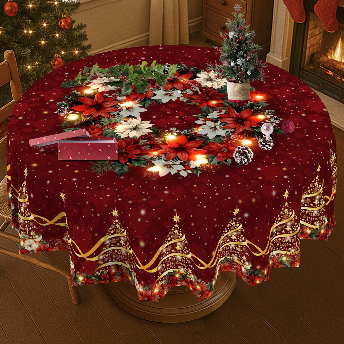 1pc Burgundy & Golden Christmas Tablecloth with Poinsettia, Holly, Pine Garland & Snowflake Patterns - Red/Green/Golden Rectangular Table Cover for Holiday Parties, Xmas Dinner, Thanksgiving, New Year's Decorations (Easy-Clea