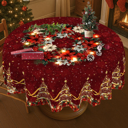 1pc Burgundy & Golden Christmas Tablecloth with Poinsettia, Holly, Pine Garland & Snowflake Patterns - Red/Green/Golden Rectangular Table Cover for Holiday Parties, Xmas Dinner, Thanksgiving, New Year's Decorations (Easy-Clea