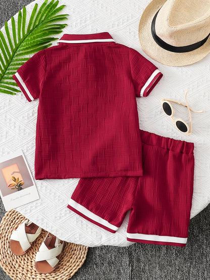 Boys' Summer Casual Half-Button T-Shirt and Shorts Set