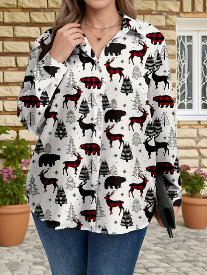 Plus Size, Women's Plus Size Winter Deer & Moose Print Blouse - Long Sleeve Christmas Party Shirt with Collar & Button Front, Red & Black Nordic Winter Pattern, Machine Washable Elegant Casual Holiday Outfits for Christmas &