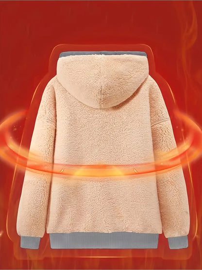 Women'S Thick Fleece Hooded Sweatshirt with Cute Bear Print & Plush - Cozy Winter Warmth, Drawstring Hood & Pockets, Casual Retro Style, Machine Washable For Fall/winter Commuting & Daily Wear, Winter Sweatshirt, Seasonal Fas