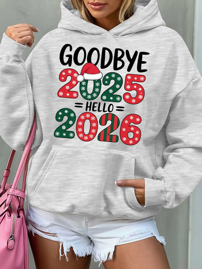 Women'S Hoodie - Goodbye 2025 Hello 2026 Sweatshirt with Christmas Countdown Design, Beige Pullover Hoodie, Front Pocket for Fall/Winter, Cozy Long Sleeve Sweater for New Year'S Eve & Everyday Winter Outfits - Perfect Gift fo