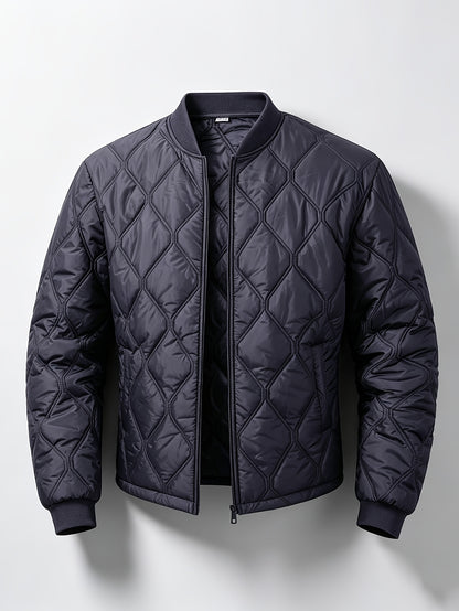 Men's Casual Black Diamond-Pattern Padded Jacket with Baseball Collar