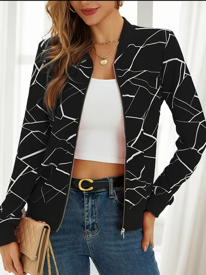 Women's Elegant Black & White Geometric Print Full-Zip Jacket - Casual to Formal Outerwear, Machine Washable Long Sleeve Coat with Full-Zip Front, Relaxed Fit Tapered Hem & Structured Collar for Spring Summer Fall, Casual to