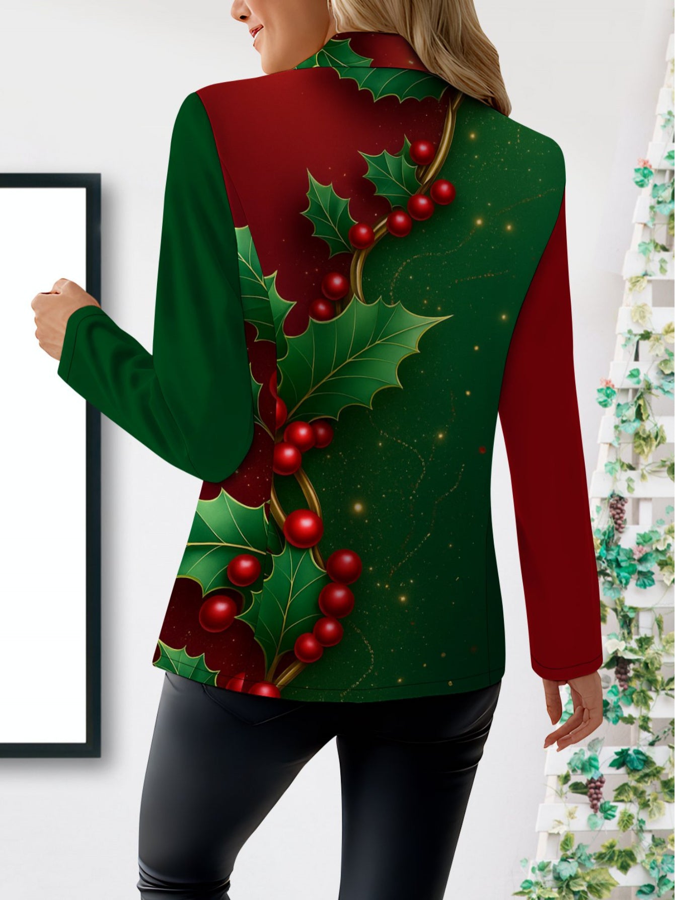 Women's Elegant Red/Green Holly Berry Jacket & White Pants Suit - X-Line Tailored Blazer with Collar, -Tone Buttons, -Free Winter Coat for, Weddings, Parties - Machine Washable Autumn Winter Outfit