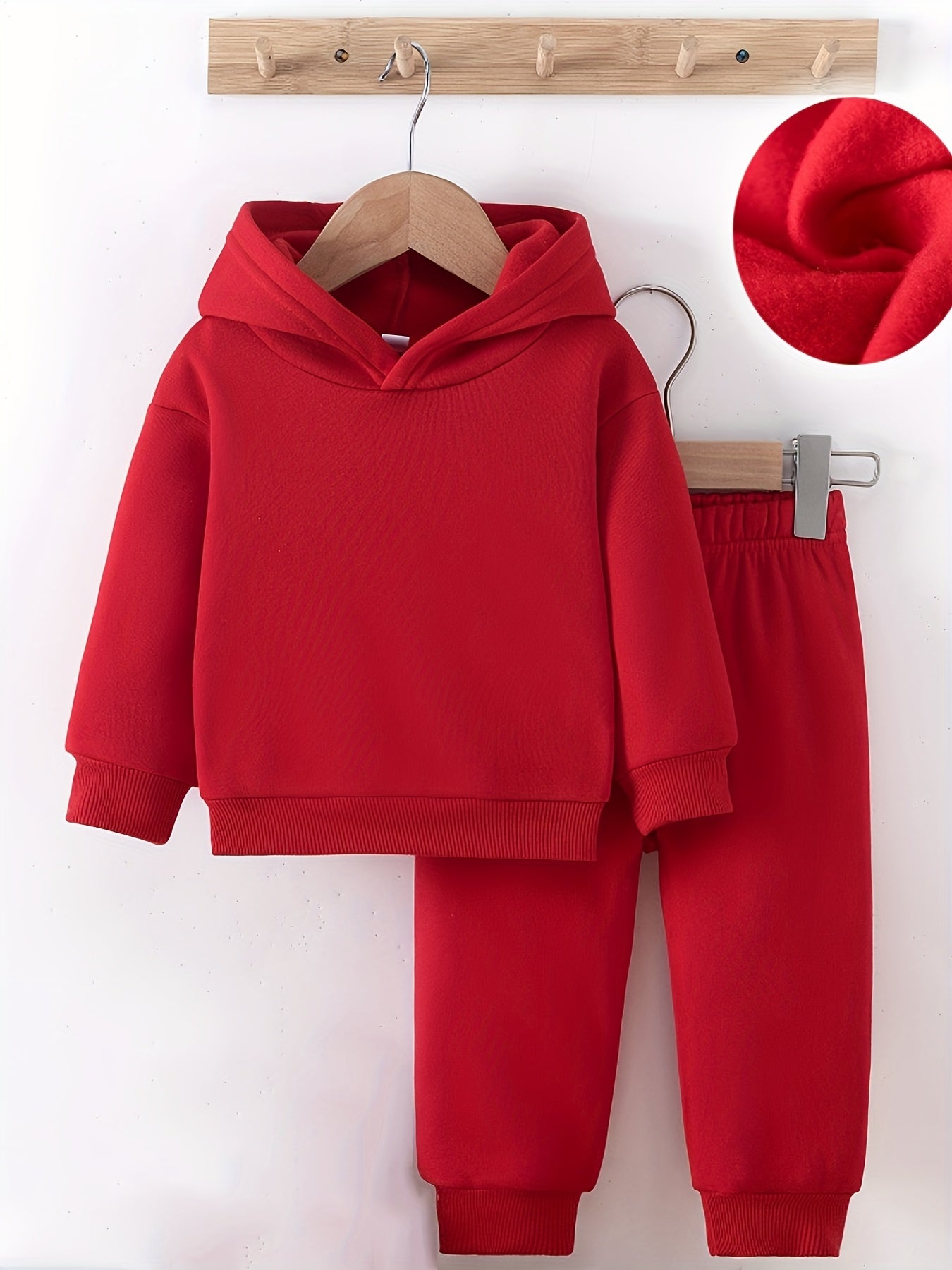 ' Fashionable Comfort Red Solid Long Sleeve Hooded Flannel Sweatshirt + Casual Sport Pants for Autumn/Winter, Valentine's Day and New Year Scenes, Hoodie, Winter Wear, Holiday Outfit, Stylish Wear, Warm Hoodie, Soft Flannel F