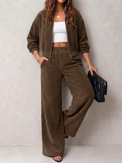 Women's Corduroy Casual Suit Set with Off-Shoulder Jacket & Wide-Leg P