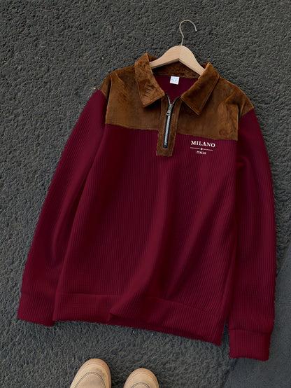 Men'S Casual Knit Sweater with Printed Lapel and Quarter Zip | Long Sleeve, Warm, Machine Washable, Perfect for Daily Wear and Gifts, Ideal for Christmas, Halloween, New Year