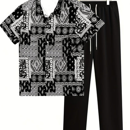 2pcs Summer Men'S Print Shirt and Pants Set Vacation 2pcs Suit, Perfect for Outdoor