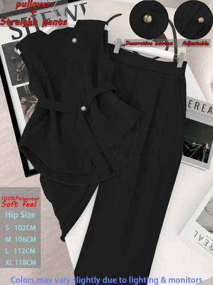 Women's Elegant Two-Piece Sleeveless Pullover Set with Adjustable Wais
