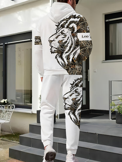 1set Fashion Street Style Men'S Lion Letter Print Hoodie and Sweatpants Set, Casual Weekend Wear, Polyester Knit Fabric with Slight Stretch, Animal Pattern, Regular Fit, for Spring/Fall