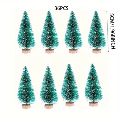 36pcs 5Cm/1.968 Inch Mini Snow Frost Tree Winter Mini Pine Base Bottle Brush Tree Plastic Winter Snow Decoration (Green) New Year Decoration Accessories, Artificial Snow Scenery Mini Pine DIY Decoration, Party Supplies, Home