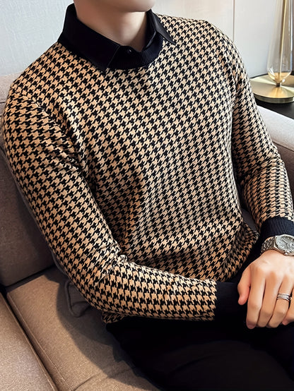 New Men'S Houndstooth Color-Blocked Sweater, Casual Pullover with Round Neck And Long Sleeves, Knit