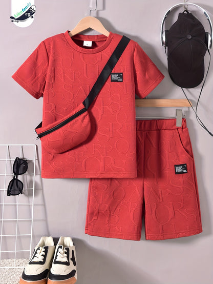 Boys' Stylish White Short Sleeve T-Shirt + Casual Shorts + Fashion Crossbody Bag Set, Perfect for Outdoor