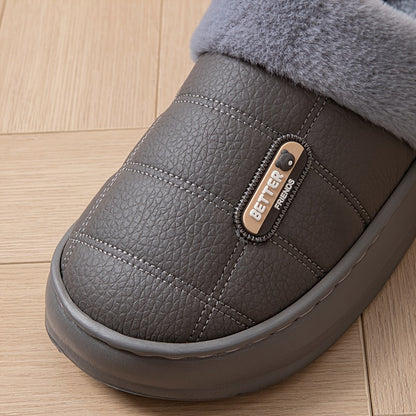 Men's Large PU Faux Leather Slippers Thick EVA Sole Warm Slip-On