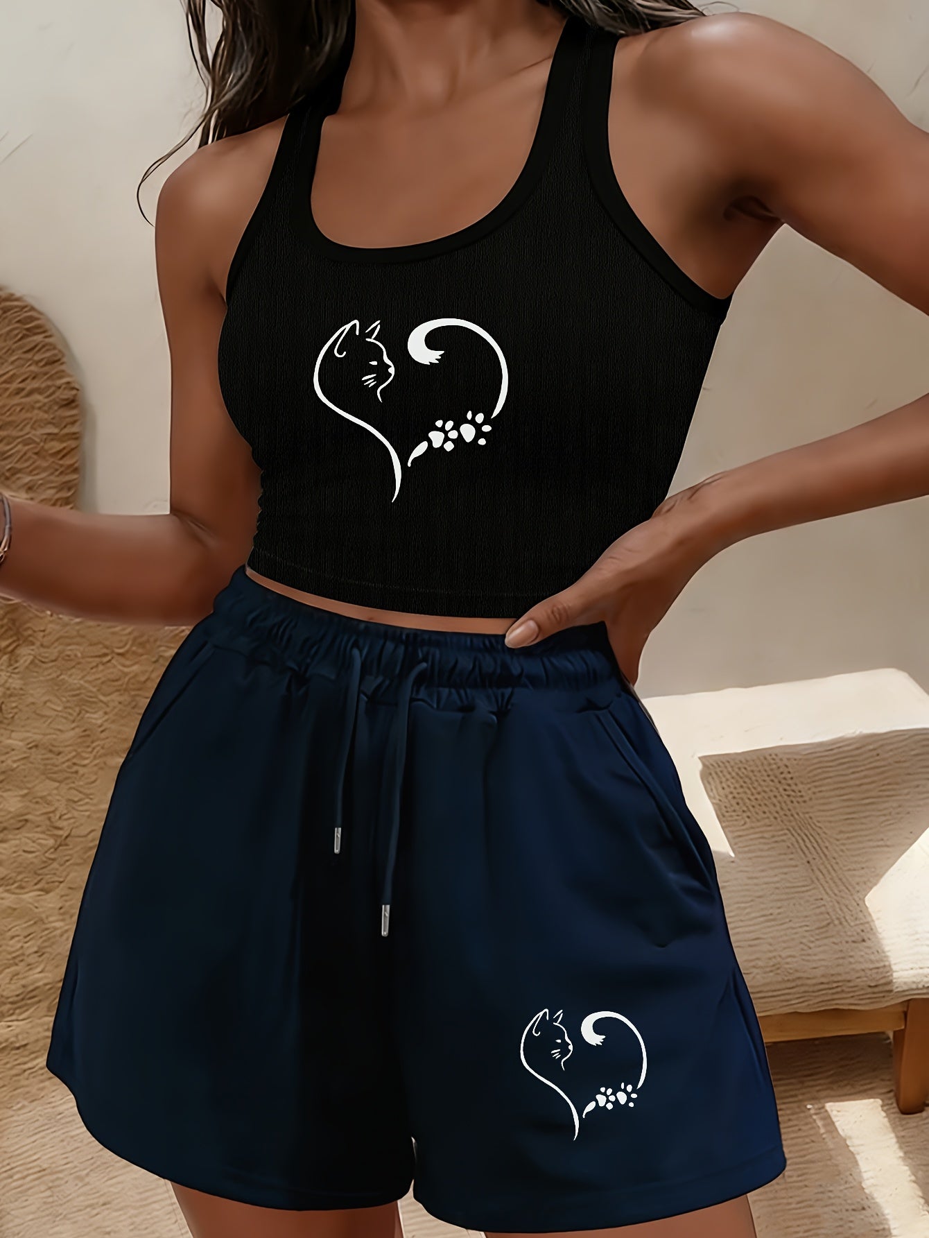 Buttery-Soft Crop Tank & Drawstring Shorts Set for Casual Wear
