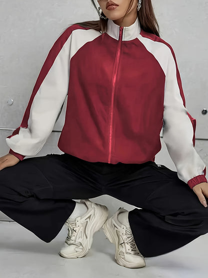 Women's Elegant Mandarin Collar Jacket - Burgundy & Half-Zip Coat with White Piping, All-Season Structured Outerwear (Black /Notch), Machine Washable Casual to Formal Blazer for & Social Events, Jackets For Women, Jacket For