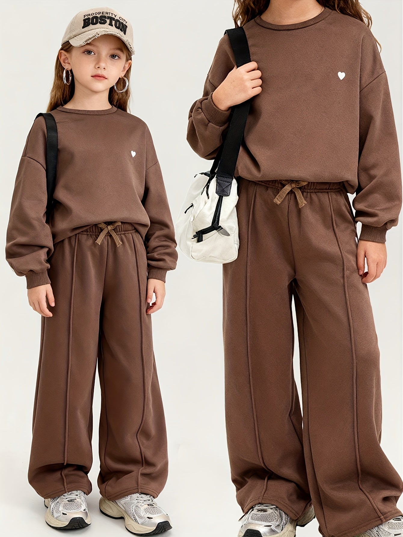Girls' Casual Crewneck Sweatshirt and Wide-Leg Pants Set