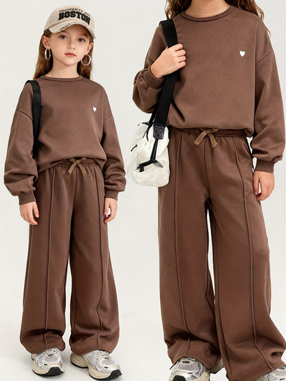 Girls' Casual Crewneck Sweatshirt and Wide-Leg Pants Set