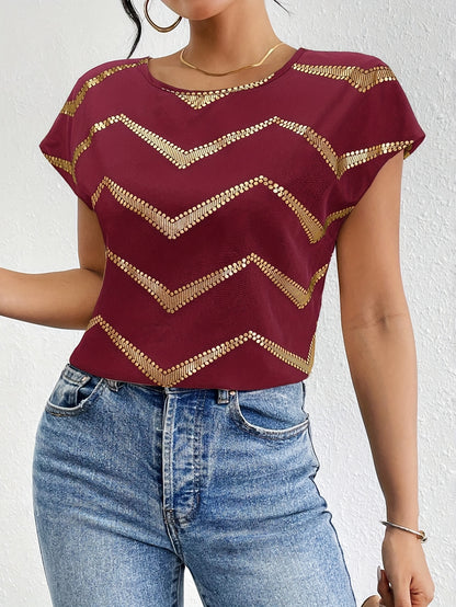Women's Elegant Batwing T-Shirt - Black with Golden Geometric Print, Stretchy Polyester-Spandex Blend, Round Neck Casual Top for Spring Summer Fall, Machine Washable for Parties Dates Casual Attire