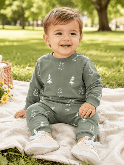 Baby Boys' Cotton Christmas Two-Piece Set with Tree Print