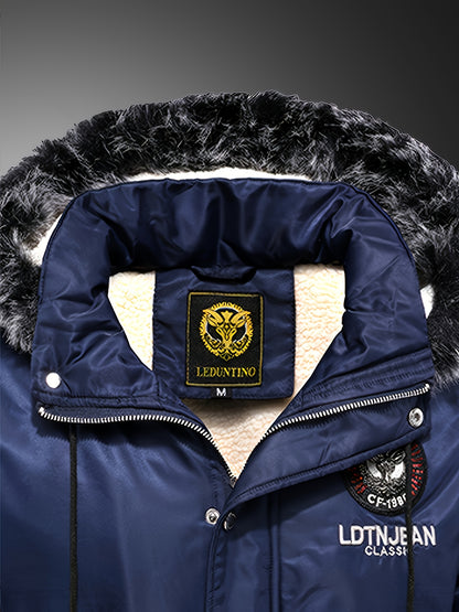 Men'S Heavyweight Winter Jacket with Detachable Hood & 3D Lettering - Full-Zip Windproof Coat, Multi-Pocket Design, Machine Washable