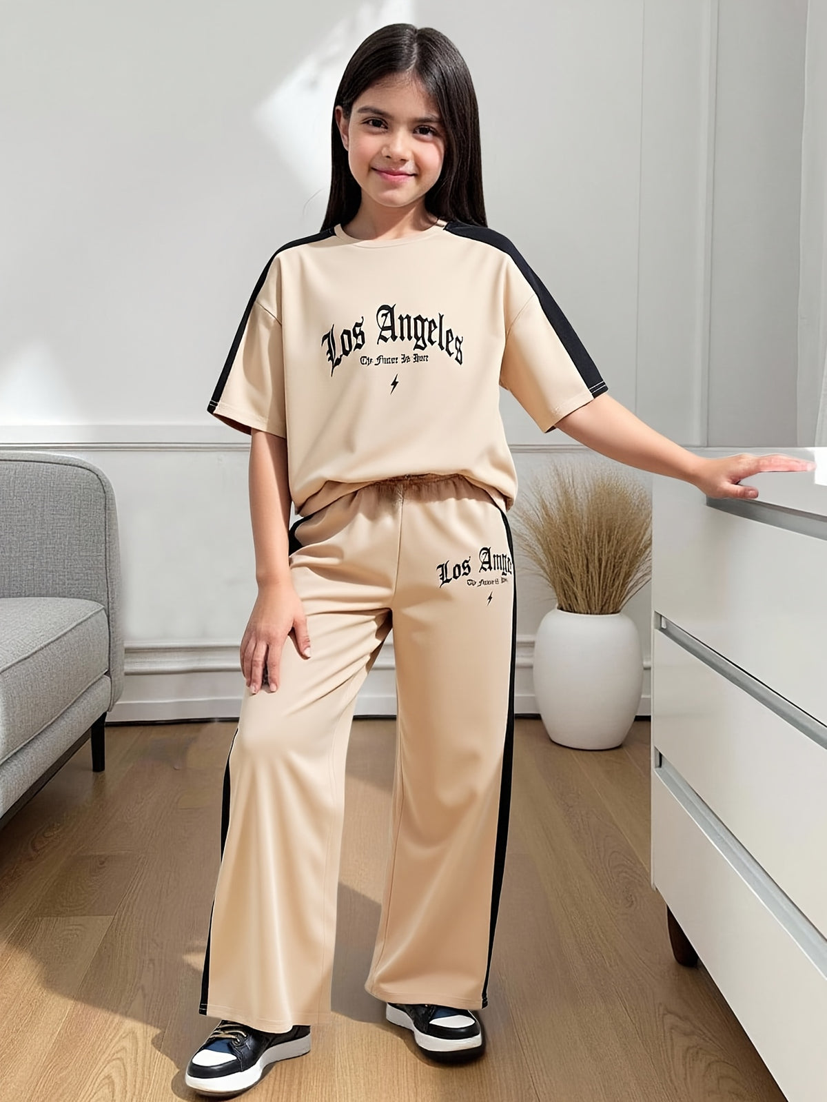 Girls' Casual Two-Piece Set with Loose Top & Wide-Leg Pants