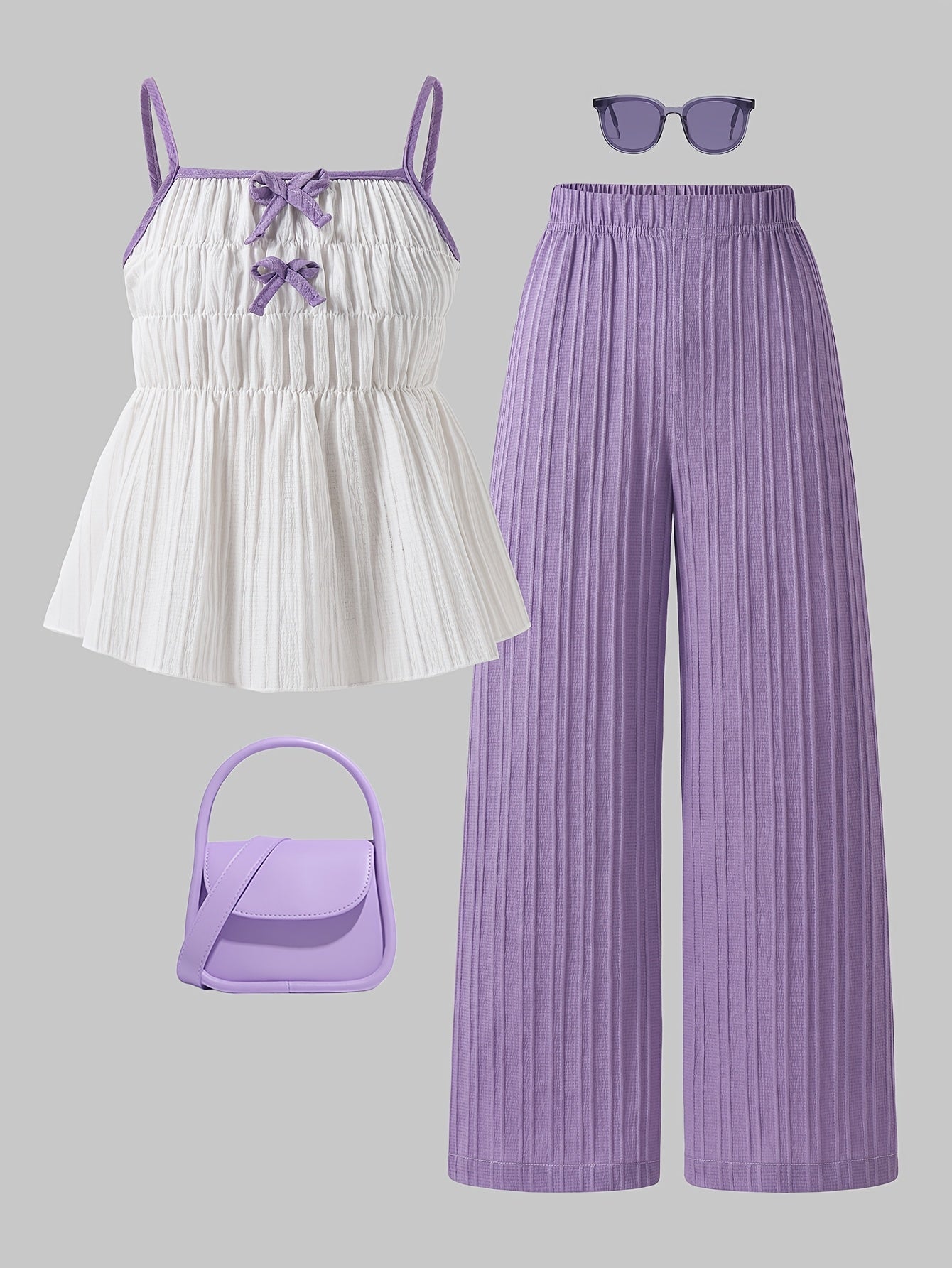 Girls' Casual Bow Tie Camisole & Solid Pants Set for Spring-Summer