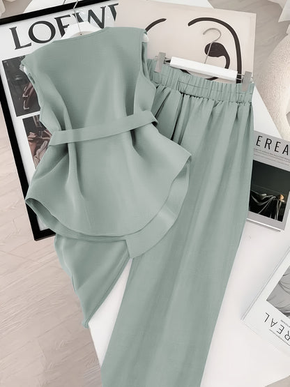 Women's Fashionable Set in Solid Color Top with Straight-Leg Pants, 2pcs Set for Elegant Style