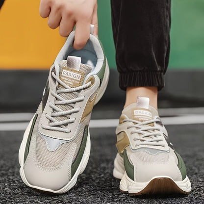 Men'S Casual Sports Shoes - Thick-Soled Lace-Up Sneakers with Synthetic Upper, Cushioned EVA Insole  PVC Sole for Outdoor Hiking, Running, Gym - All-Season Comfort in Beige/Black, Brown/White, Green/White, Versatile Trainers