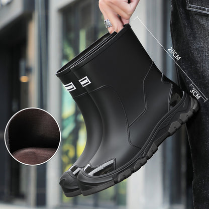 Unisex Mid-Calf Rubber Rain Boots with Drawstring Closure