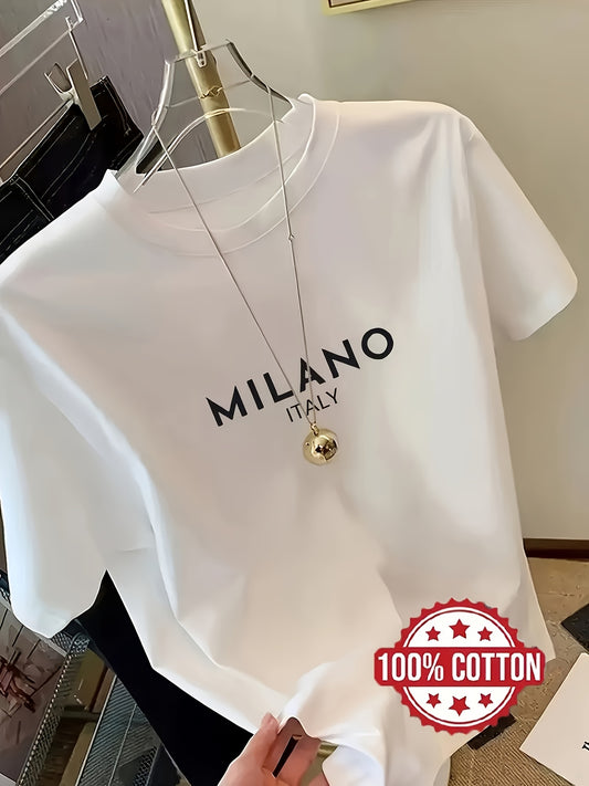 Women’s Oversized 100% Cotton Milan Letter Print T-Shirt - ayq