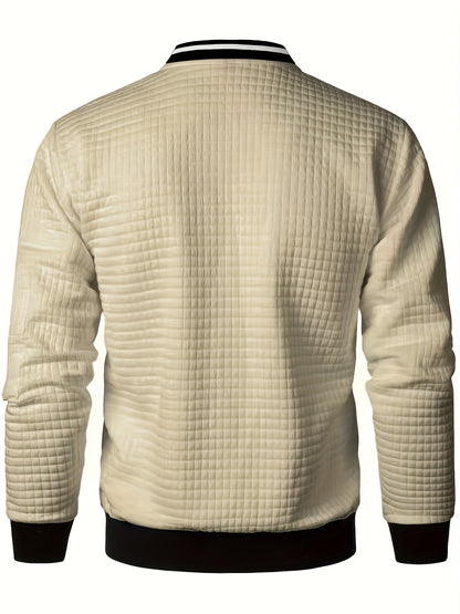 Men's Casual Bomber Jacket with Stand Collar - Polyester and Elastane Blend, Knit Fabric with Slight Stretch, Solid Color, Zipper Detail, Long Sleeve, Regular Fit