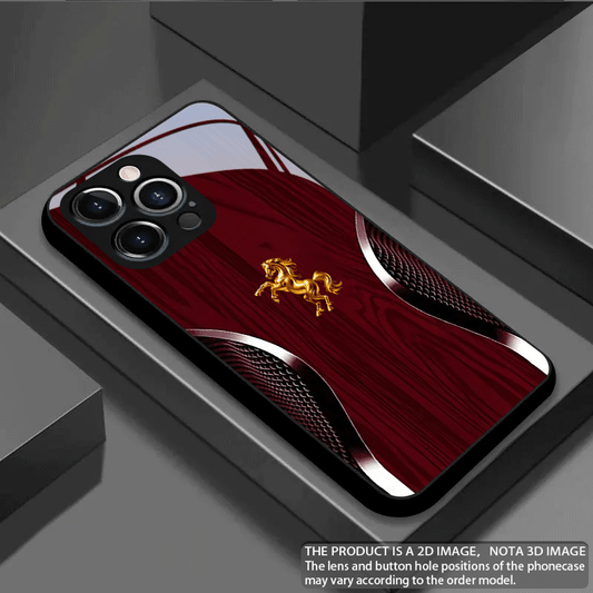 Tempered Glass Phone Case with Red Wood Grain & Golden Horse Design - ayq