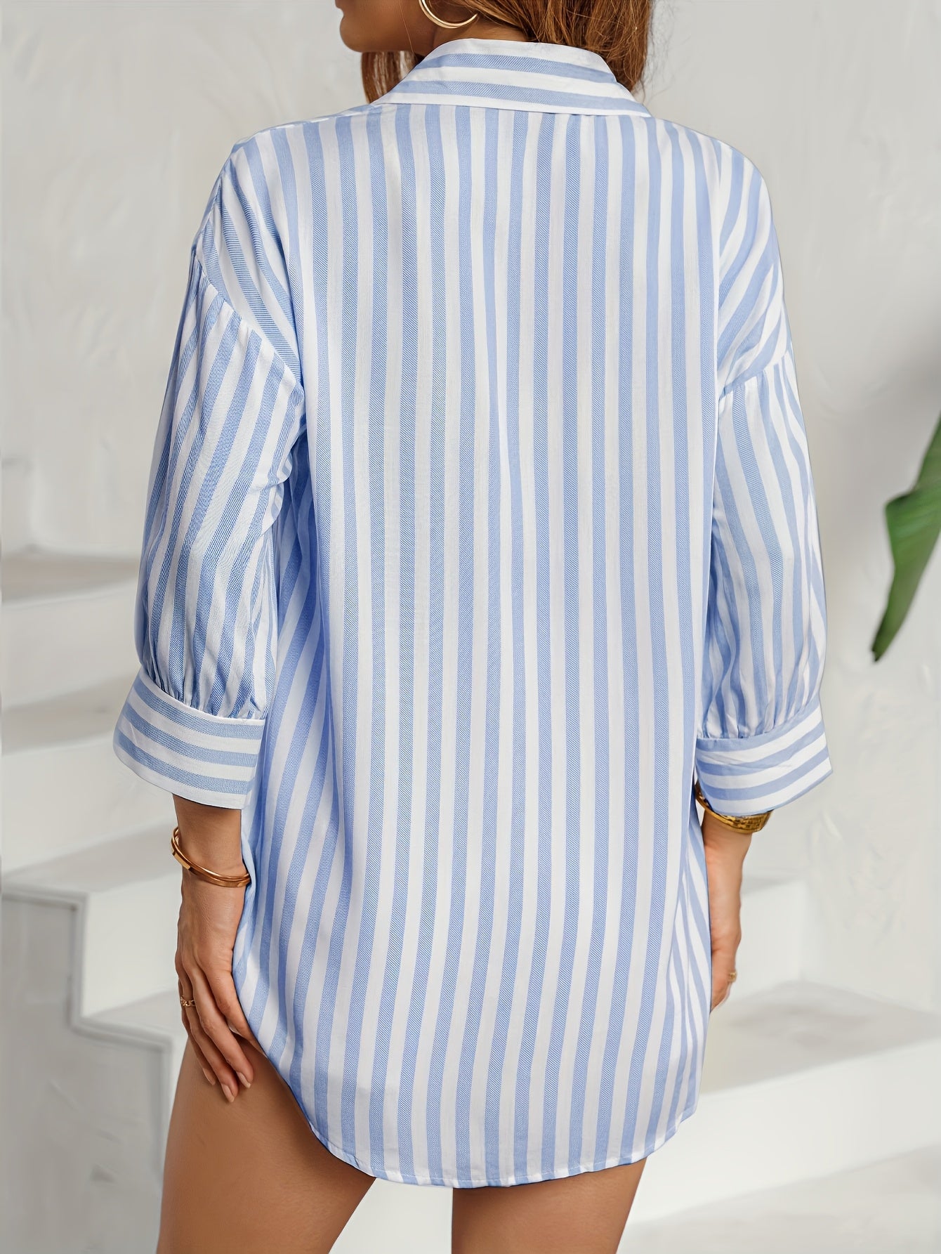 Women's Casual Striped Viscose Shirt with Lapel Collar