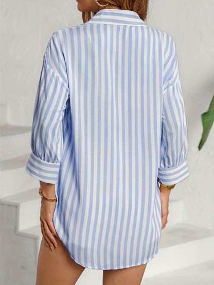Women's Casual Striped Viscose Shirt with Lapel Collar