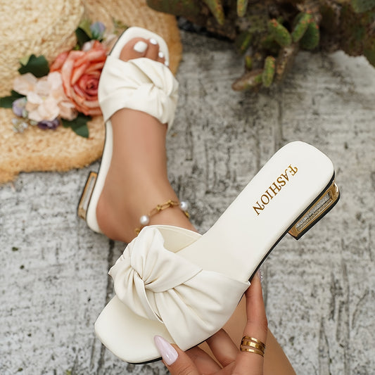 Elegant Women's Summer Low Heel Bow Slippers with Flower Pattern