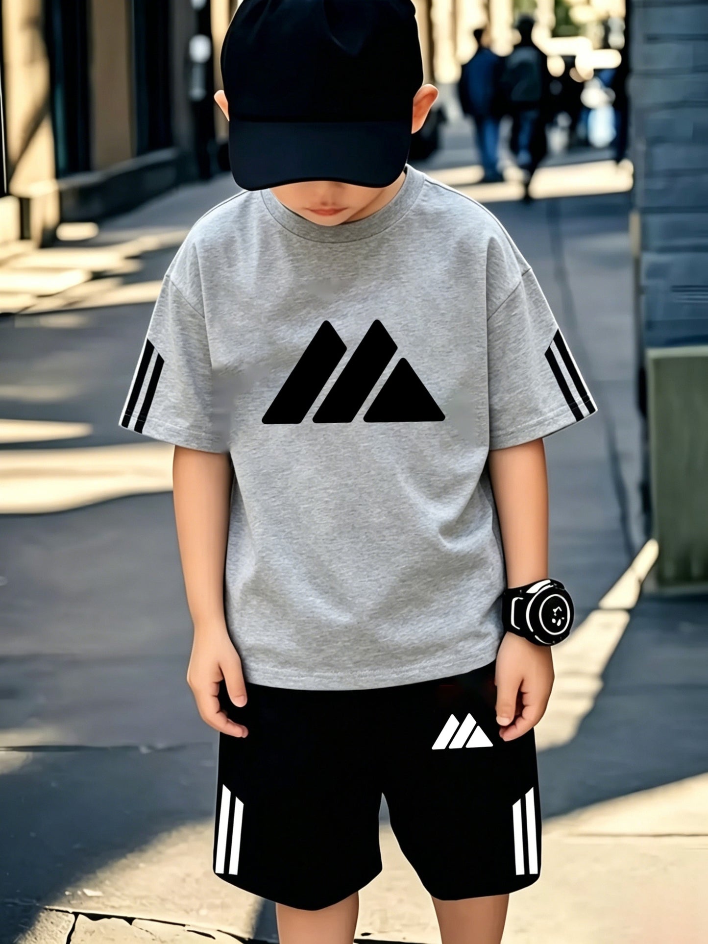 Boys' Casual Sports Set with Mountain Print, Polyester, Ages 7-12