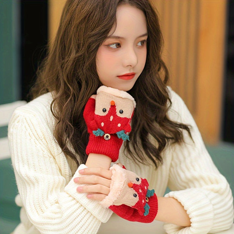 Women's Christmas Reindeer Flip-Over Gloves - Thick Warm Winter Gloves with Festive Snowflake & Reindeer Design, Non-Elastic for Indoor/Outdoor Use, Hand Wash/Dry Clean, Holiday Outdoor Wear, Warm Fabric