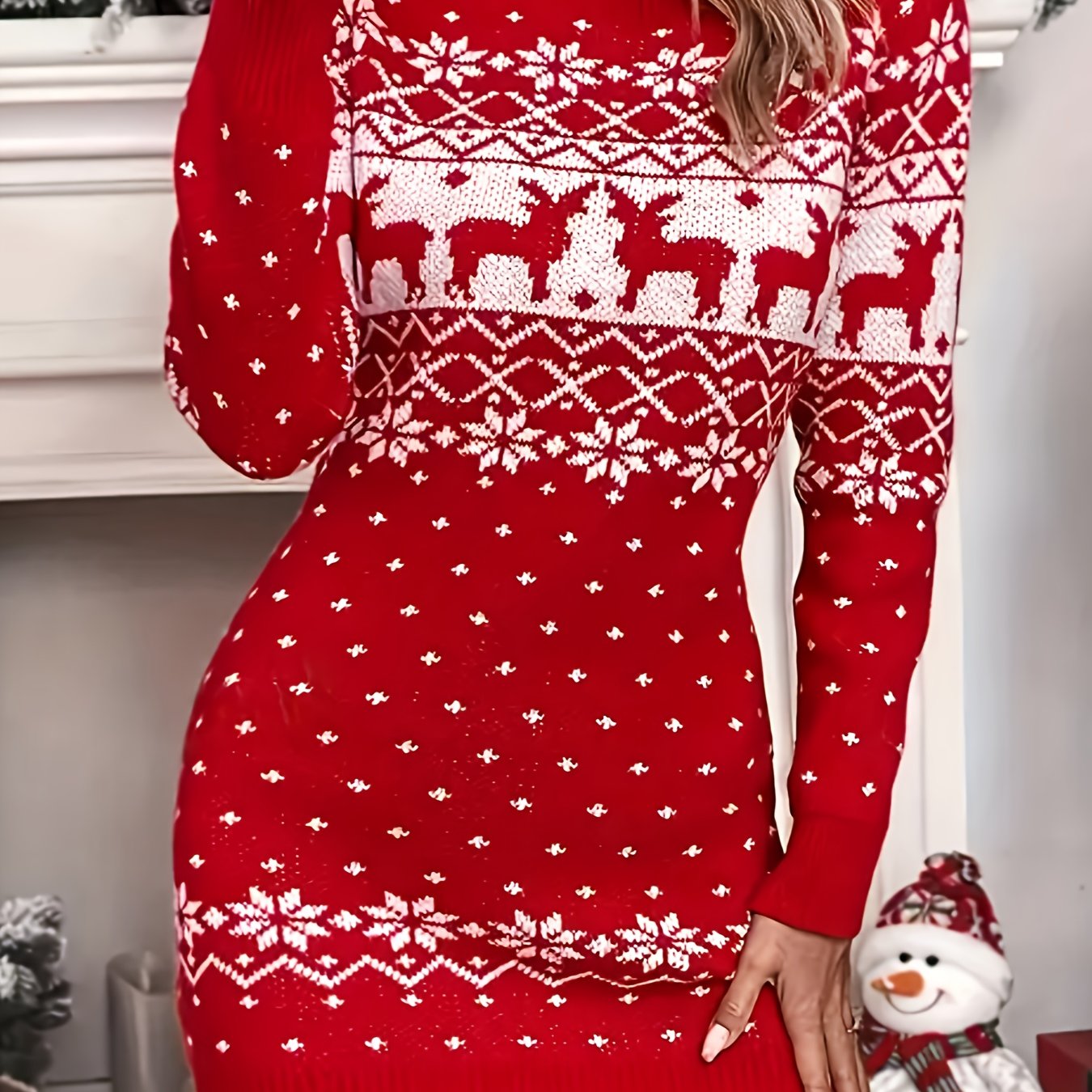 Women'S Christmas Reindeer Print Sweater Dress - Long Sleeve, Round Neck, Ribbed Texture, Green & Holiday Party Outfit, Perfect for Festive Gatherings