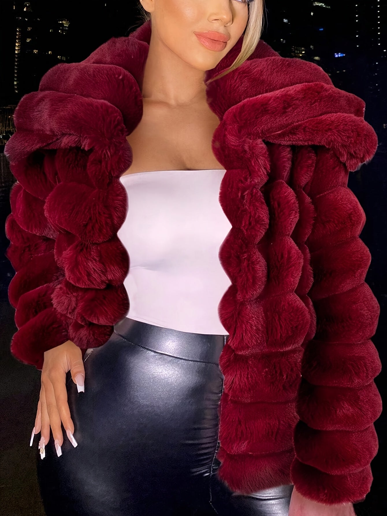 Women's Burgundy Red Plush Jacket - Luxurious -Like Collar &, All-Season Coat for Parties, Weddings, Casual Outfits - Hand Washable Non-Stretch Outerwear (No) - Elegant Winter-Ready Outer Jacket