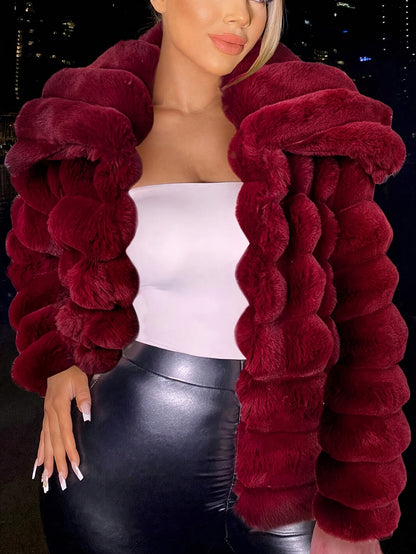 Women's Burgundy Red Plush Jacket - Luxurious -Like Collar &, All-Season Coat for Parties, Weddings, Casual Outfits - Hand Washable Non-Stretch Outerwear (No) - Elegant Winter-Ready Outer Jacket