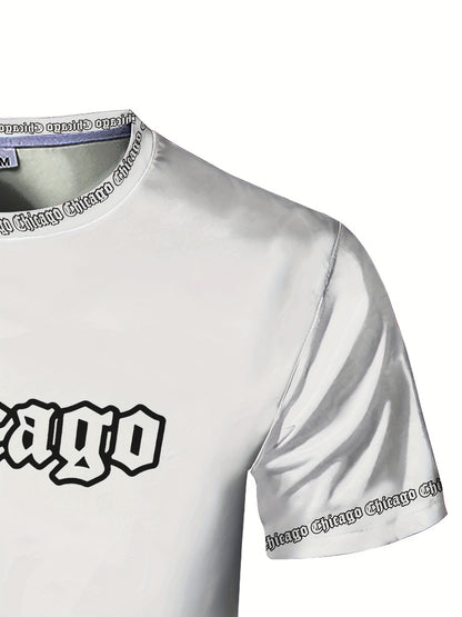 Men'S Chicago Print T-Shirt, Polyester-Spandex Blend, Crew Neck, Short Sleeve, Geometric Pattern, High Stretch, Tear Resistant, Sports  Casual Style, Summer Fit Top for Training, Yoga, Hiking  Festive Occasions