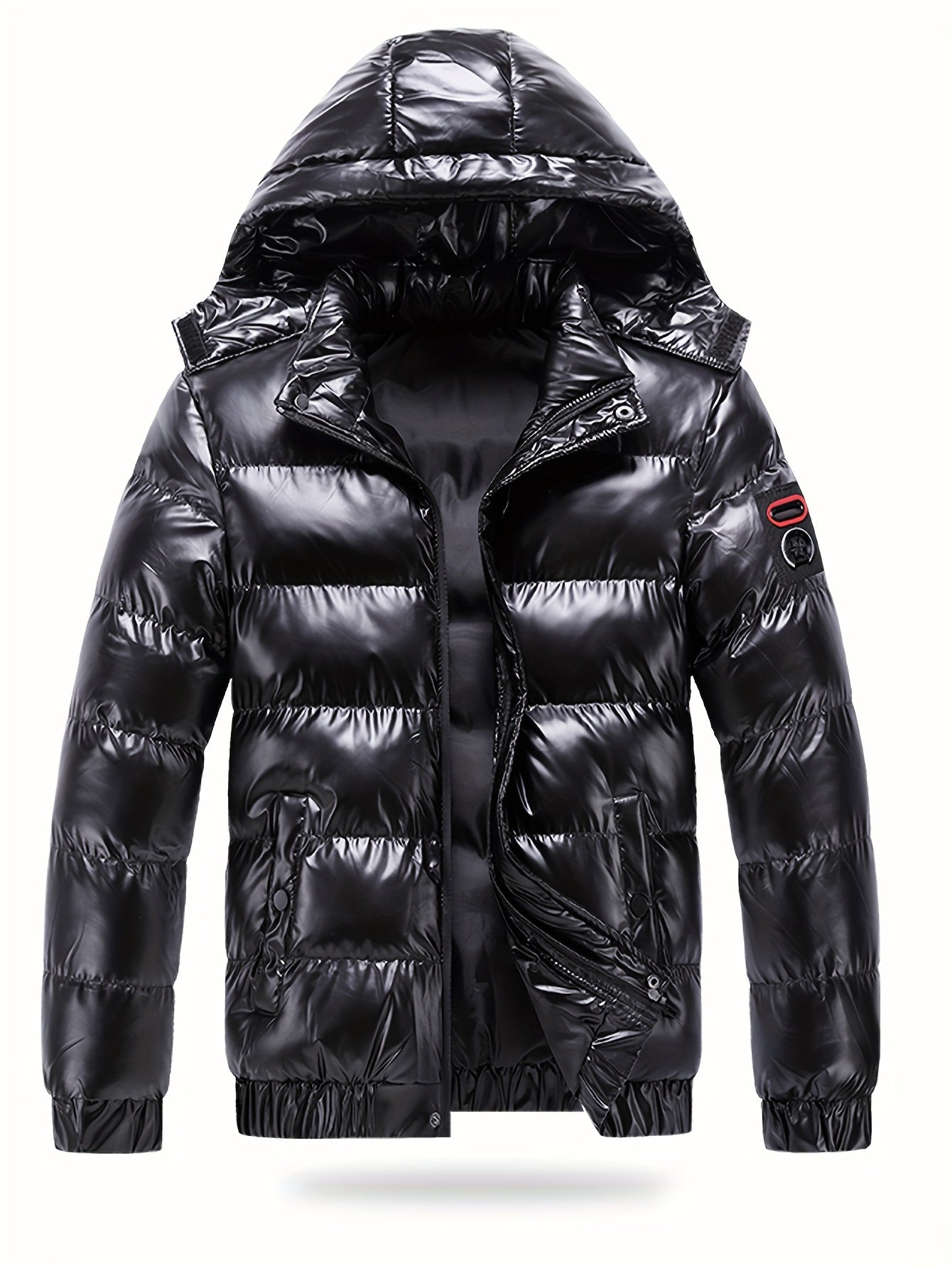 Men's Black Glossy Finish Jacket with Hood - Winter Coat, Zippered Pockets, Ribbed Cuffs & Waistband, Hand Wash Only, Regular Fit for Autumn & Cold Weather